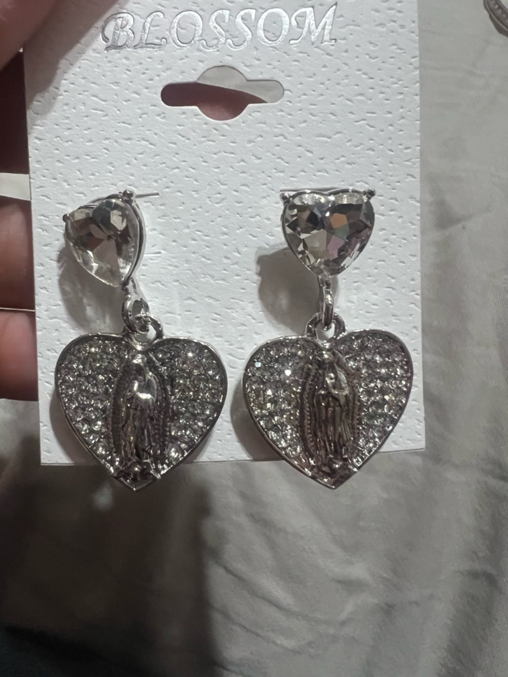 Silver Heart Drop Earrings with Clear Crystals Virgin Mary